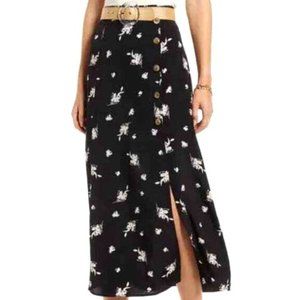 SOMETHING NAVY MIDI Black Floral Button Up Skirt Medium
